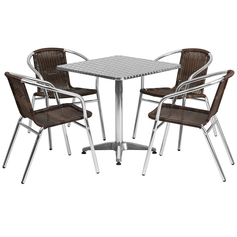 Flash Furniture 27.5" Square Aluminum Indoor-Outdoor Table Set with 4 Dark Brown Rattan Chairs, Model# TLH-ALUM-28SQ-020CHR4-GG