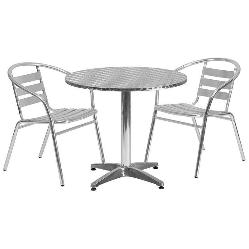 Flash Furniture 31.5" Round Aluminum Indoor-Outdoor Table Set with 2 Slat Back Chairs, Model# TLH-ALUM-32RD-017BCHR2-GG