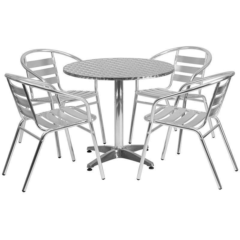 Flash Furniture 31.5" Round Aluminum Indoor-Outdoor Table Set with 4 Slat Back Chairs, Model# TLH-ALUM-32RD-017BCHR4-GG
