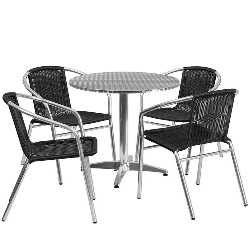 Flash Furniture 31.5" Round Aluminum Indoor-Outdoor Table Set with 4 Black Rattan Chairs, Model# TLH-ALUM-32RD-020BKCHR4-GG