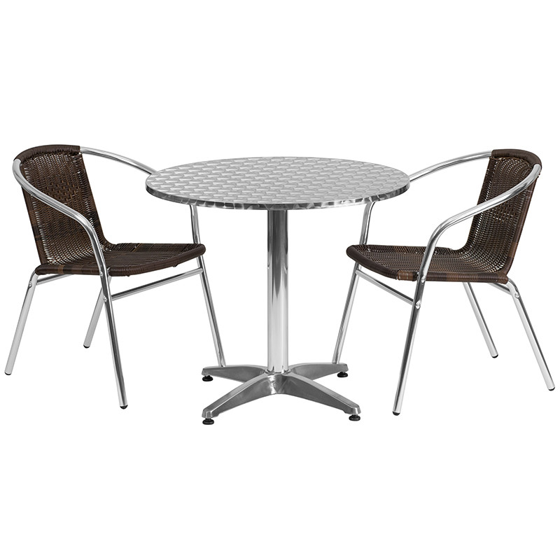 Flash Furniture 31.5" Round Aluminum Indoor-Outdoor Table Set with 2 Dark Brown Rattan Chairs, Model# TLH-ALUM-32RD-020CHR2-GG