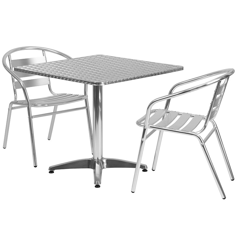 Flash Furniture 31.5" Square Aluminum Indoor-Outdoor Table Set with 2 Slat Back Chairs, Model# TLH-ALUM-32SQ-017BCHR2-GG