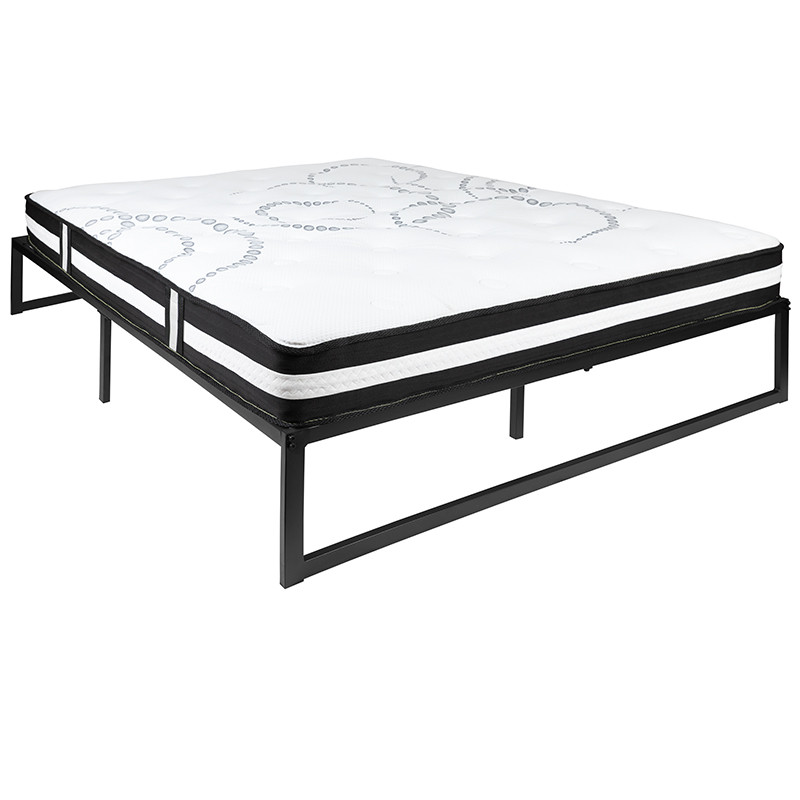 Flash Furniture 14 Inch Metal Platform Bed Frame with 12 Inch Pocket Spring Mattress in a Box (No Box Spring Required) Queen, Model#