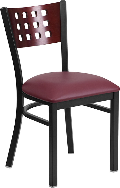 Flash Furniture HERCULES Series Black Cutout Back Metal Restaurant Chair Mahogany Wood Back, Burgundy Vinyl Seat, Model# XU-DG-60117-MAH-BURV-GG
