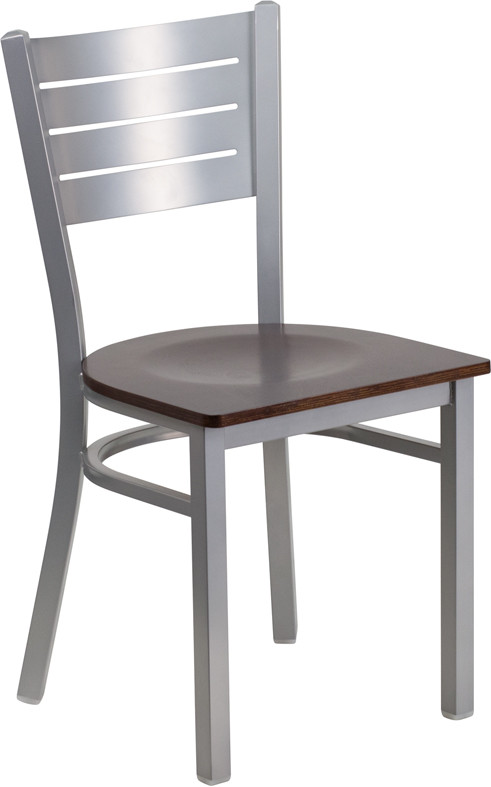 Flash Furniture HERCULES Series Silver Slat Back Metal Restaurant Chair Walnut Wood Seat, Model# XU-DG-60401-WALW-GG