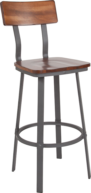 Flash Furniture Flint Series Rustic Walnut Restaurant Barstool with Wood Seat & Back and Gray Powder Coat Frame, Model# XU-DG-60582B-GG