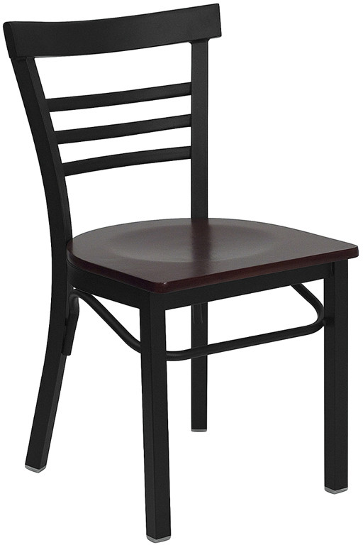 Flash Furniture HERCULES Series Black Three-Slat Ladder Back Metal Restaurant Chair Mahogany Wood Seat, Model# XU-DG6Q6B1LAD-MAHW-GG