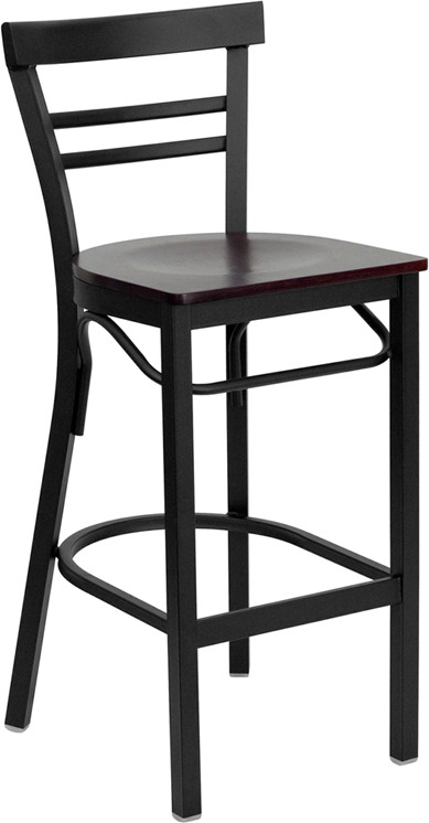 Flash Furniture HERCULES Series Black Two-Slat Ladder Back Metal Restaurant Barstool Mahogany Wood Seat, Model# XU-DG6R9BLAD-BAR-MAHW-GG