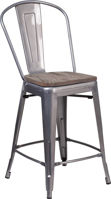 Flash Furniture 24" High Clear Coated Counter Height Stool with Back and Wood Seat, Model# XU-DG-TP001B-24-WD-GG