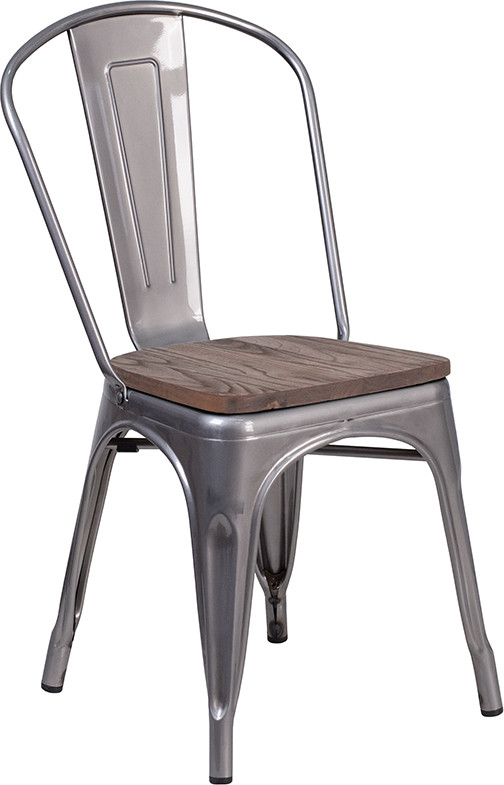 Flash Furniture Clear Coated Metal Stackable Chair with Wood Seat, Model# XU-DG-TP001-WD-GG