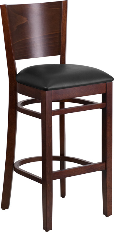 Flash Furniture Lacey Series Solid Back Walnut Wood Restaurant Barstool Black Vinyl Seat, Model# XU-DG-W0094BAR-WAL-BLKV-GG