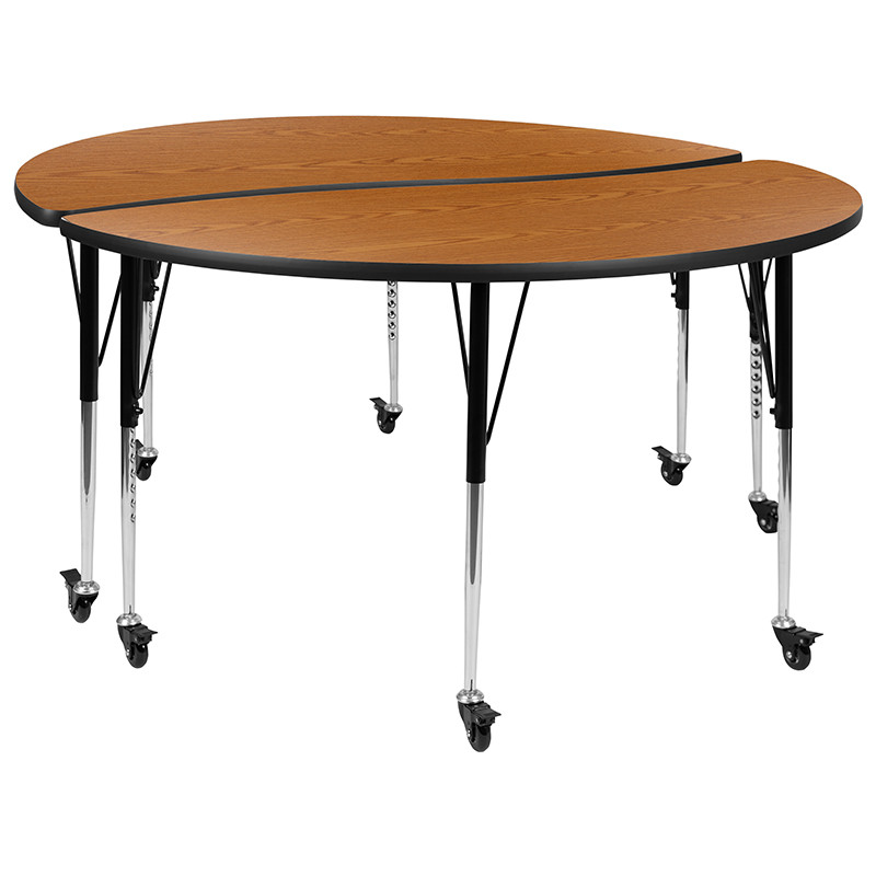 Flash Furniture 2 Piece Mobile 60" Circle Wave Flexible Oak Thermal Laminate Adjustable Activity Table Set, Model#