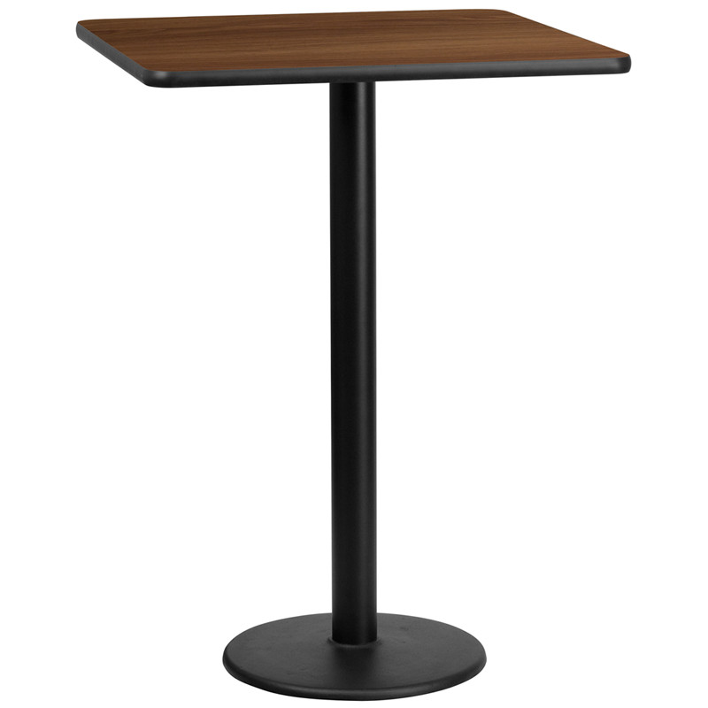 Flash Furniture 30" Square Walnut Laminate Table Top with 18" Round Bar Height Table Base, Model# XU-WALTB-3030-TR18B-GG