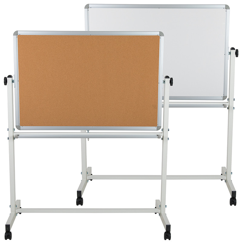 Flash Furniture HERCULES Series 45.25"W x 54.75"H Reversible Mobile Cork Bulletin Board and White Board with Pen Tray, Model#