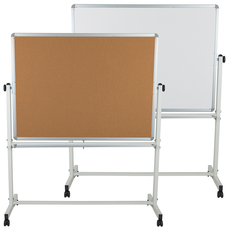 Flash Furniture HERCULES Series 53"W x 62.5"H Reversible Mobile Cork Bulletin Board and White Board with Pen Tray, Model# YU-YCI-003-CK-GG