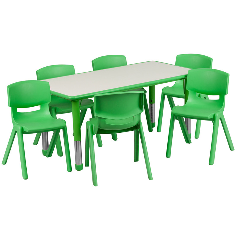 Flash Furniture 23.625"W x 47.25"L Rectangular Green Plastic Height Adjustable Activity Table Set with 6 Chairs, Model#