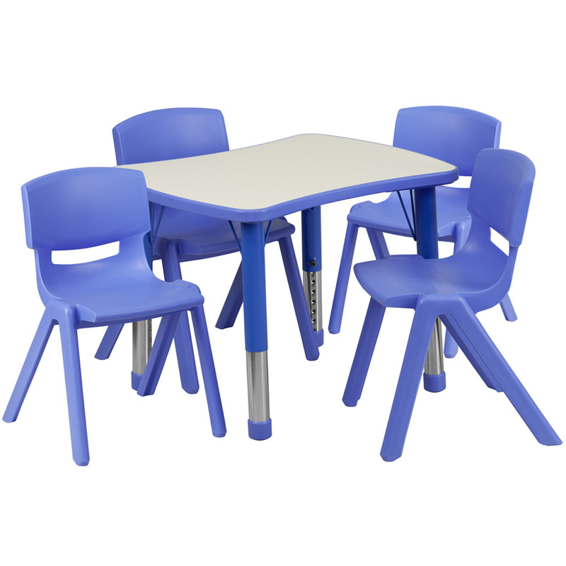 Flash Furniture 21.875"W x 26.625"L Rectangular Blue Plastic Height Adjustable Activity Table Set with 4 Chairs, Model#