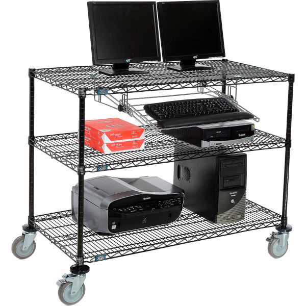 Nexel 3-Shelf Mobile Wire Computer LAN Workstation w/ Keyboard Tray 48"W x 24"D x 40"H Black, Model# 695374BK