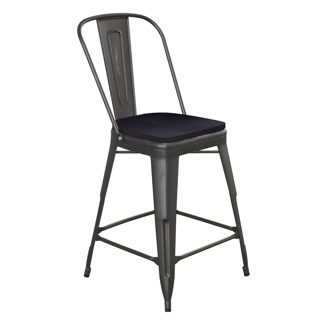 Flash Furniture Carly Commercial Grade 24" High Black Metal Indoor-Outdoor Counter Height Stool w/ Back w/ Black Poly Resin Wood Seat, Model#