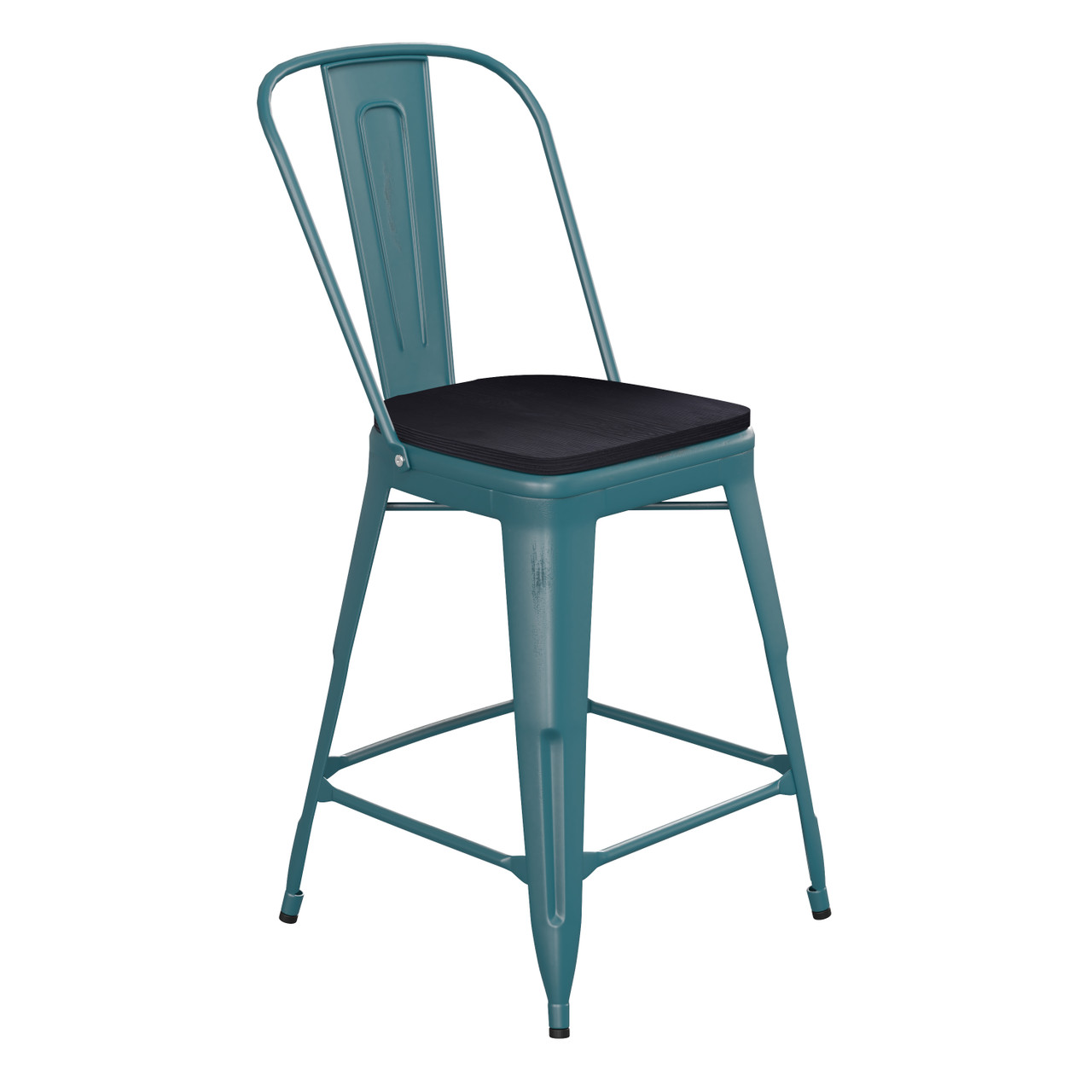 Flash Furniture Carly Commercial Grade 24" High Kelly Blue-Teal Metal Indoor-Outdoor Counter Height Stool w/ Back w/ Black Poly Resin Wood Seat,