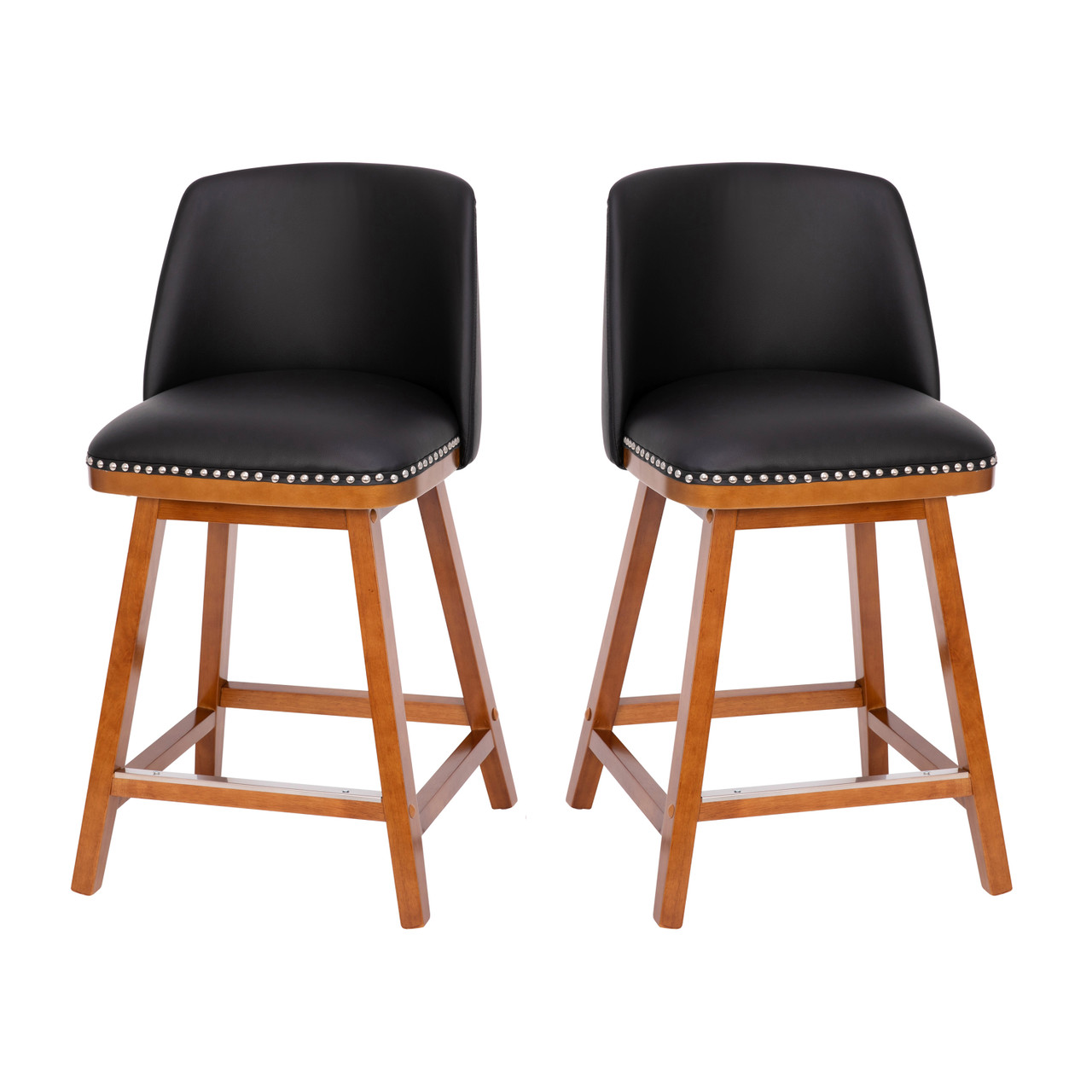 Flash Furniture Julia Set of 2 Transitional 24 Inch LeatherSoft Upholstered Counter Stools w/ Silver Nailhead Trim & Walnut Finish Solid Wood Frames,