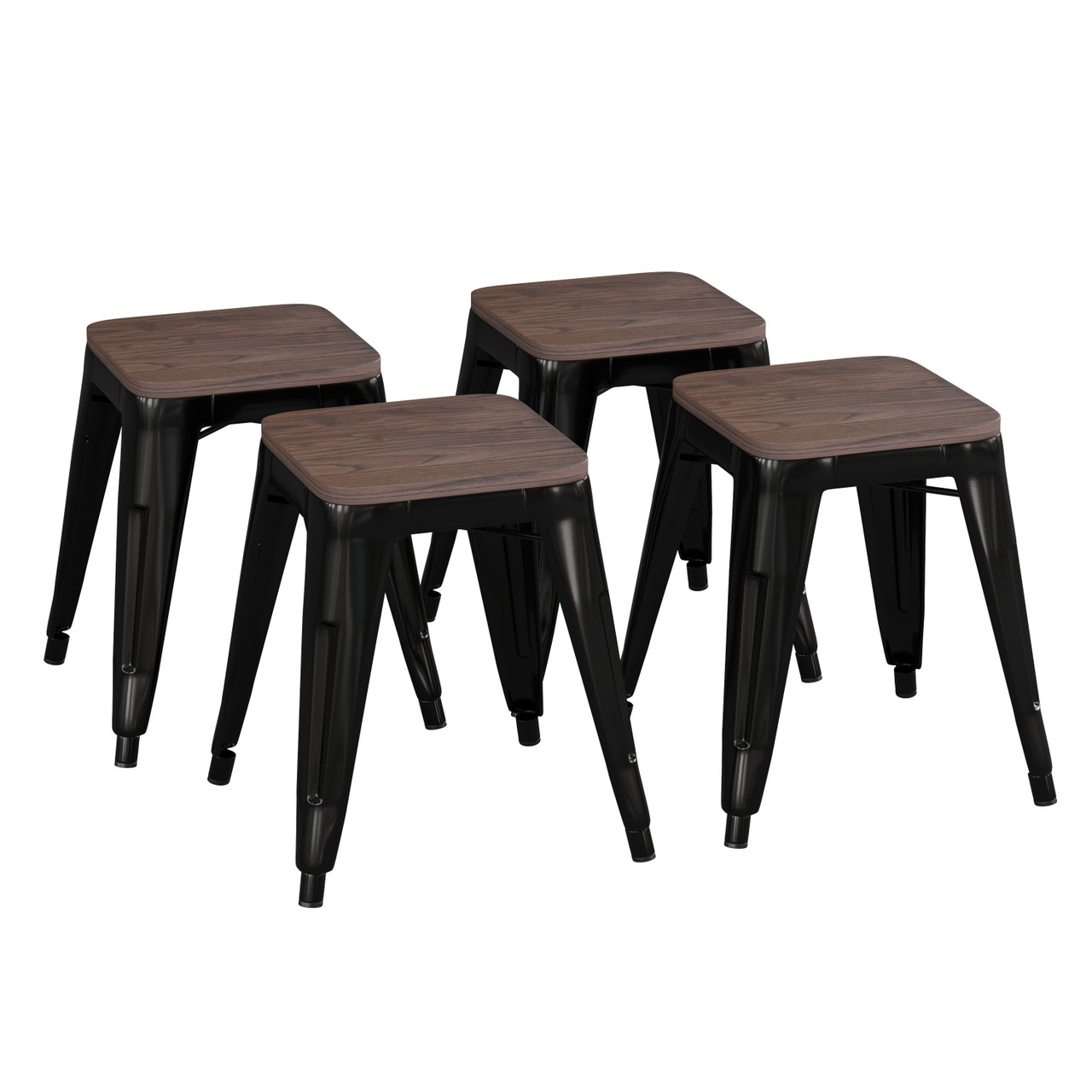 Flash Furniture Kai 18" Backless Table Height Stool w/ Wooden Seat, Stackable Black Metal Indoor Dining Stool, Commercial Grade Set of 4, Model#