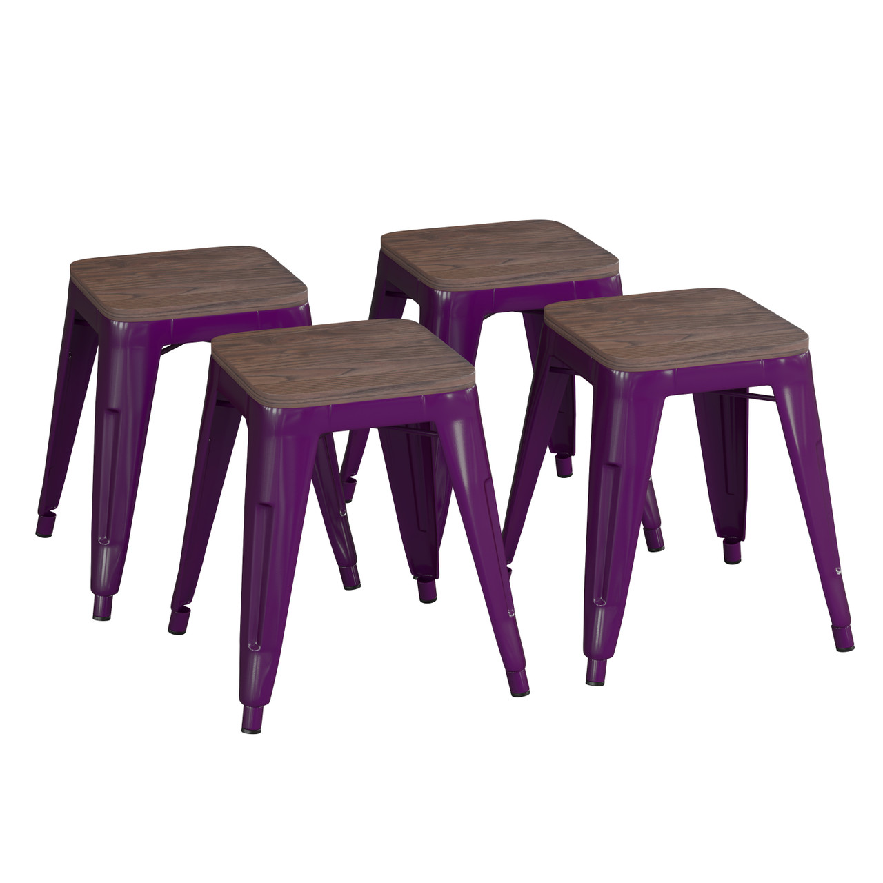 Flash Furniture Kai 18" Backless Table Height Stool w/ Wooden Seat, Stackable Purple Metal Indoor Dining Stool, Commercial Grade Set of 4, Model#