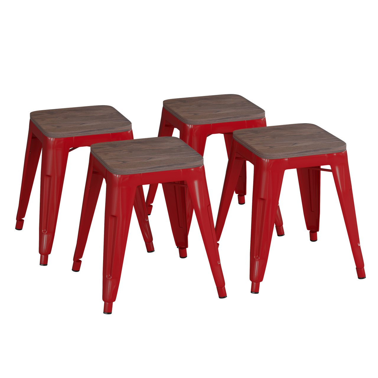 Flash Furniture Kai 18" Backless Table Height Stool w/ Wooden Seat, Stackable Red Metal Indoor Dining Stool, Commercial Grade Set of 4, Model#