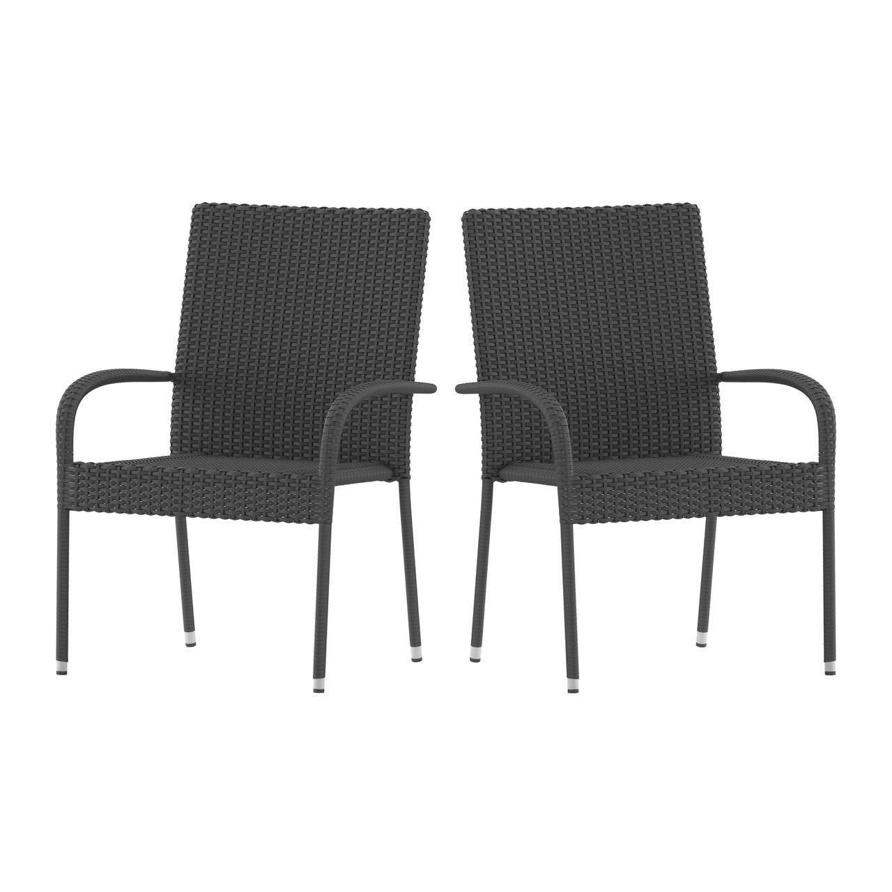 Flash Furniture Maxim Set of 2 Stackable Indoor/Outdoor Wicker Dining Chairs w/ Arms Fade & Weather-Resistant Steel Frames Gray, Model#