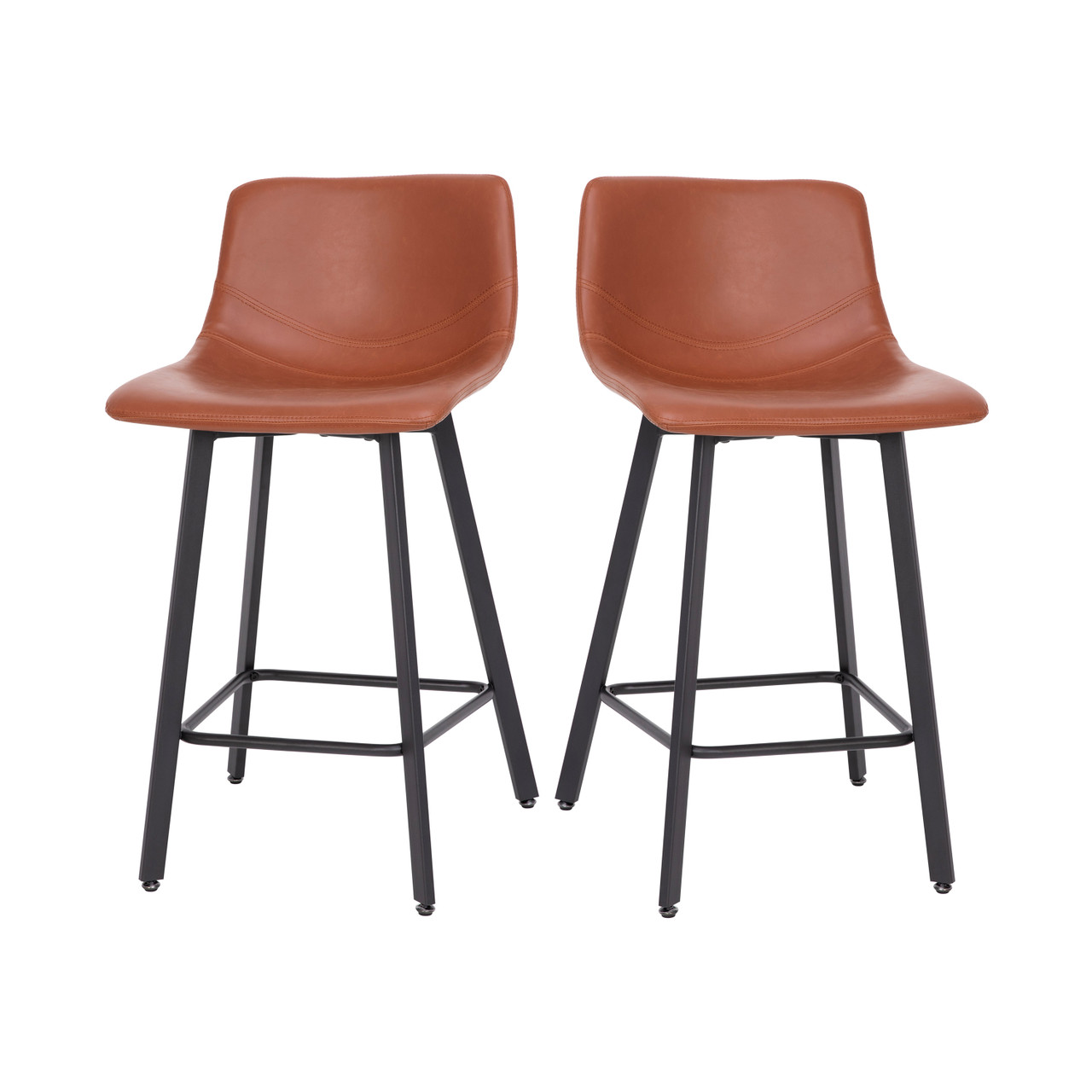 Flash Furniture Caleb Modern Armless 24 Inch Counter Height Stools Commercial Grade w/ Footrests in Cognac LeatherSoft & Black Matte Metal Frames, Set