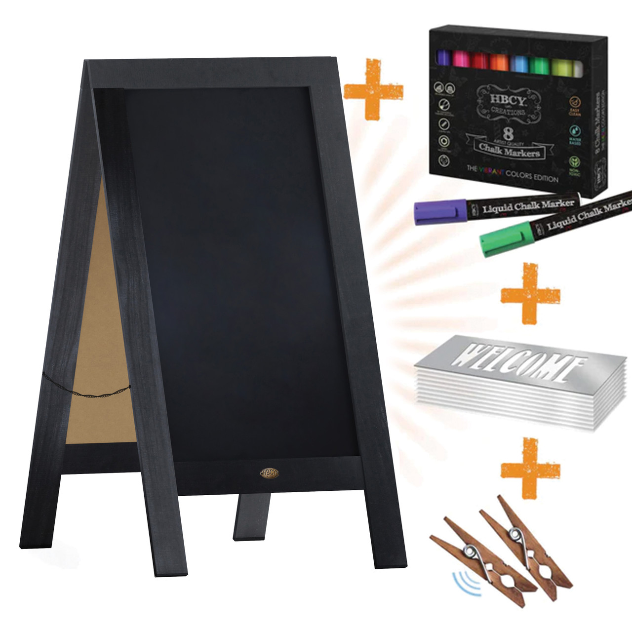 Flash Furniture Canterbury 40" x 20" Black Wooden Indoor/Outdoor A-Frame Magnetic Chalkboard Sign Set w/ 8 Chalk Markers, 10 Stencils, & 2