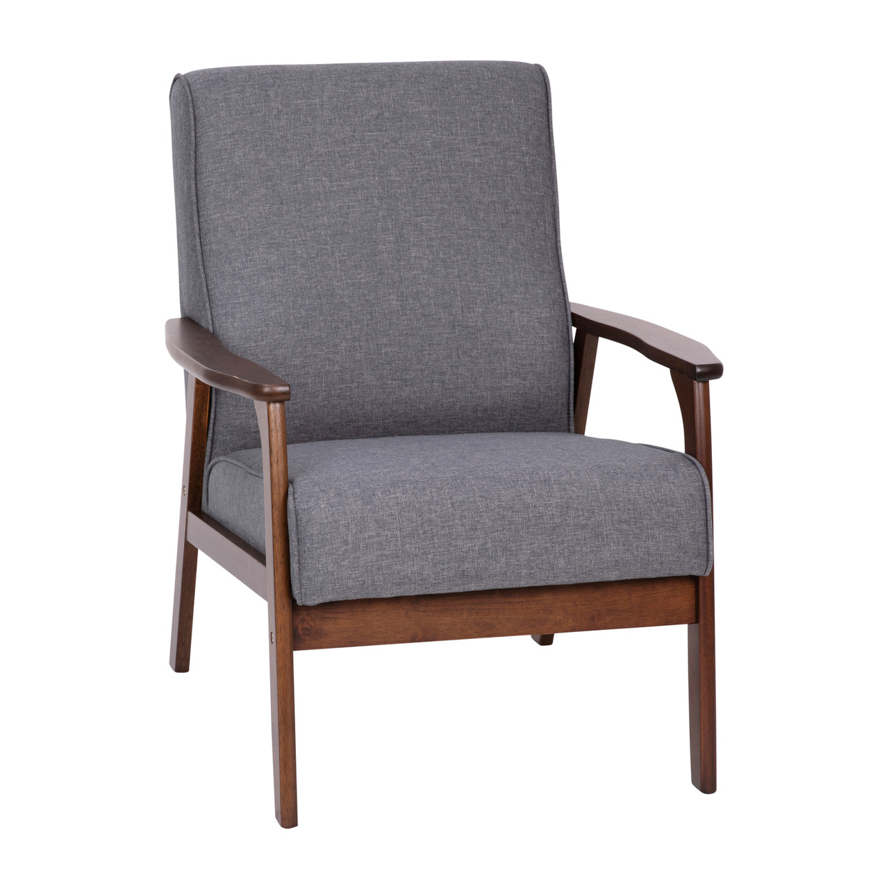 Flash Furniture Langston Commercial Grade Faux Linen Upholstered Mid Century Modern Arm Chair w/ Walnut Finished Wooden Frame & Arms in Gray, Model#
