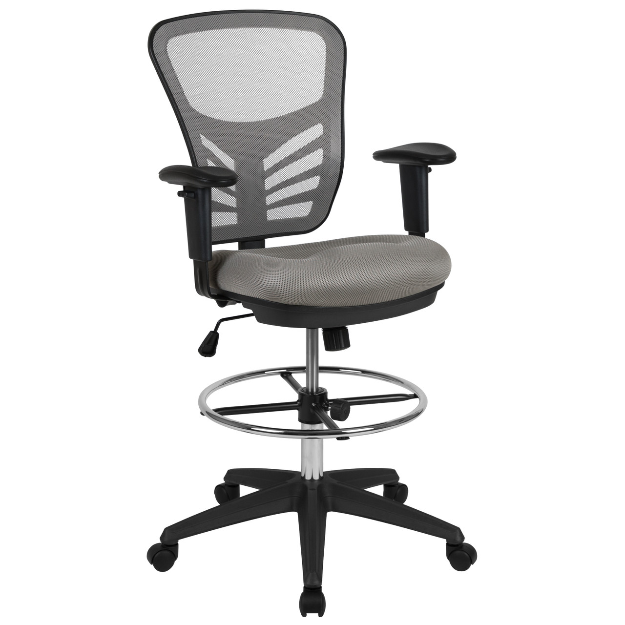 Flash Furniture Tyler Mid-Back Light Gray Mesh Ergonomic Drafting Chair w/ Adjustable Chrome Foot Ring, Adjustable Arms & Black Frame, Model#