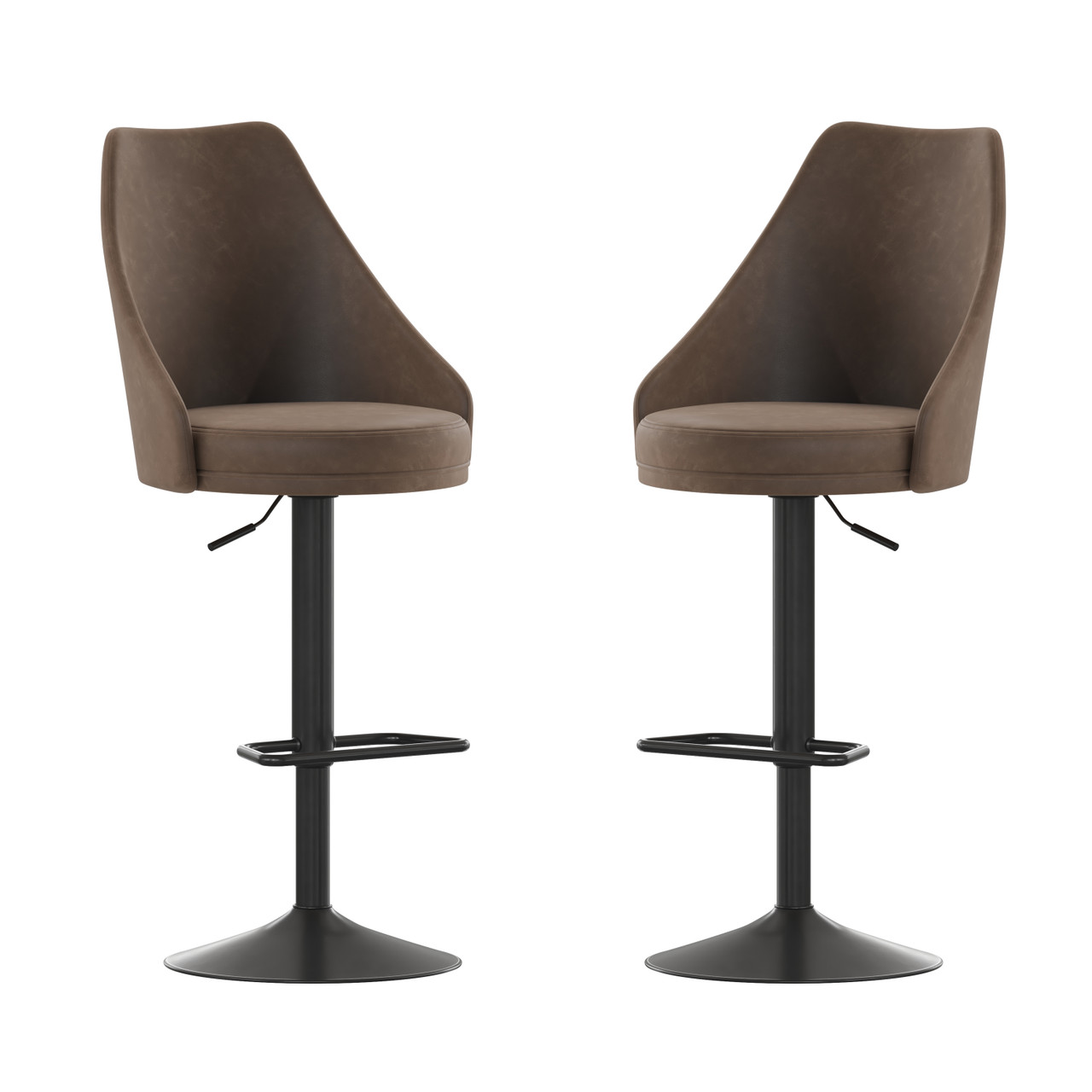 Flash Furniture Chrishelle Set of 2 Commercial Adjustable Height Barstools w/ LeatherSoft Upholstered Tufted Seats & Pedestal Base w/ Footring, Brown,