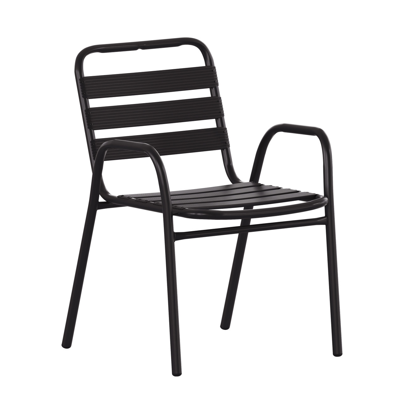 Flash Furniture Lila Commercial Black Metal Indoor-Outdoor Restaurant Stack Chair w/ Metal Triple Slat Back & Arms, Model# TLH-018C-BK-GG