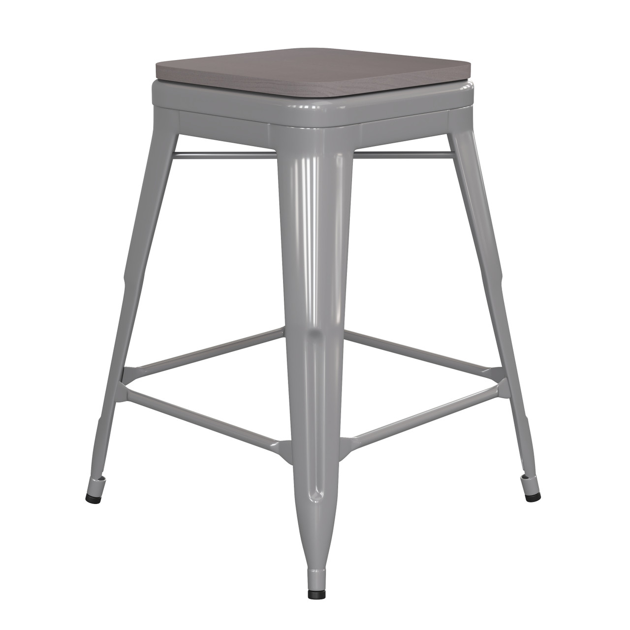 Flash Furniture Kai Commercial Grade 24" High Backless Silver Metal Indoor-Outdoor Counter Height Stool w/ Gray Poly Resin Wood Seat, Model#