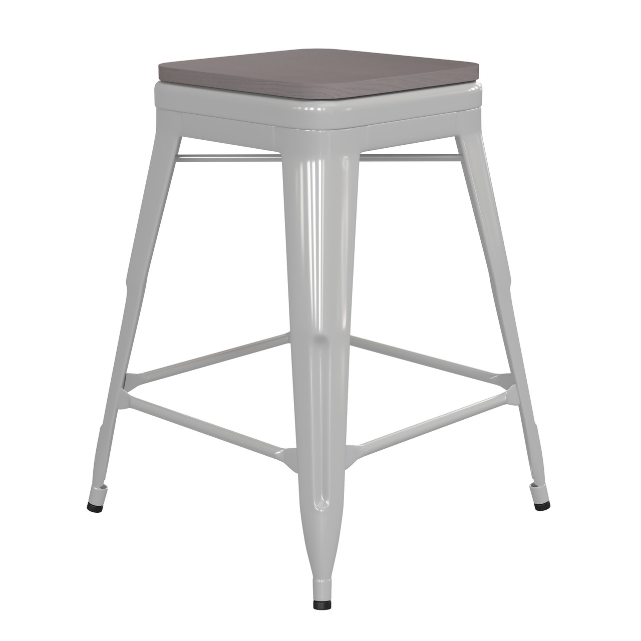 Flash Furniture Kai Commercial Grade 24" High Backless White Metal Indoor-Outdoor Counter Height Stool w/ Gray Poly Resin Wood Seat, Model#