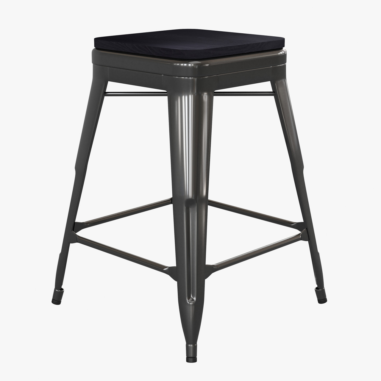 Flash Furniture Kai Commercial Grade 24" High Backless Black Metal Indoor-Outdoor Counter Height Stool w/ Black Poly Resin Wood Seat, Model#