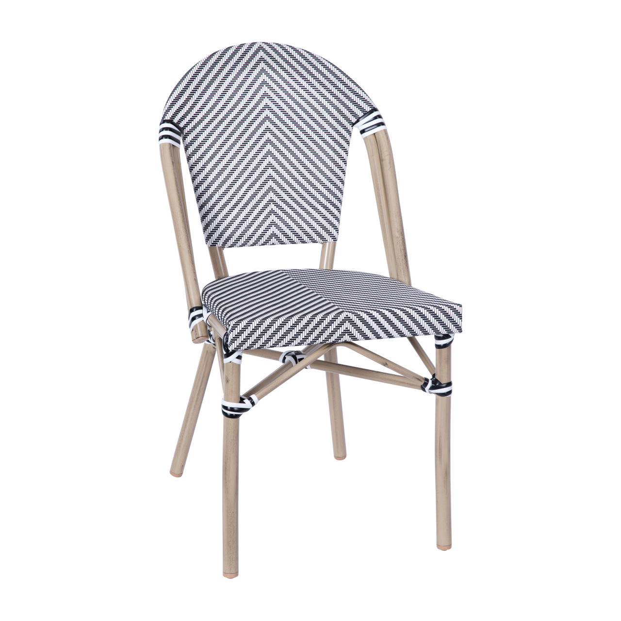 Flash Furniture Marseille Indoor/Outdoor Commercial French Bistro Stacking Chair, Black/White Textilene Back & Seat, Bamboo Print Aluminum Frame in