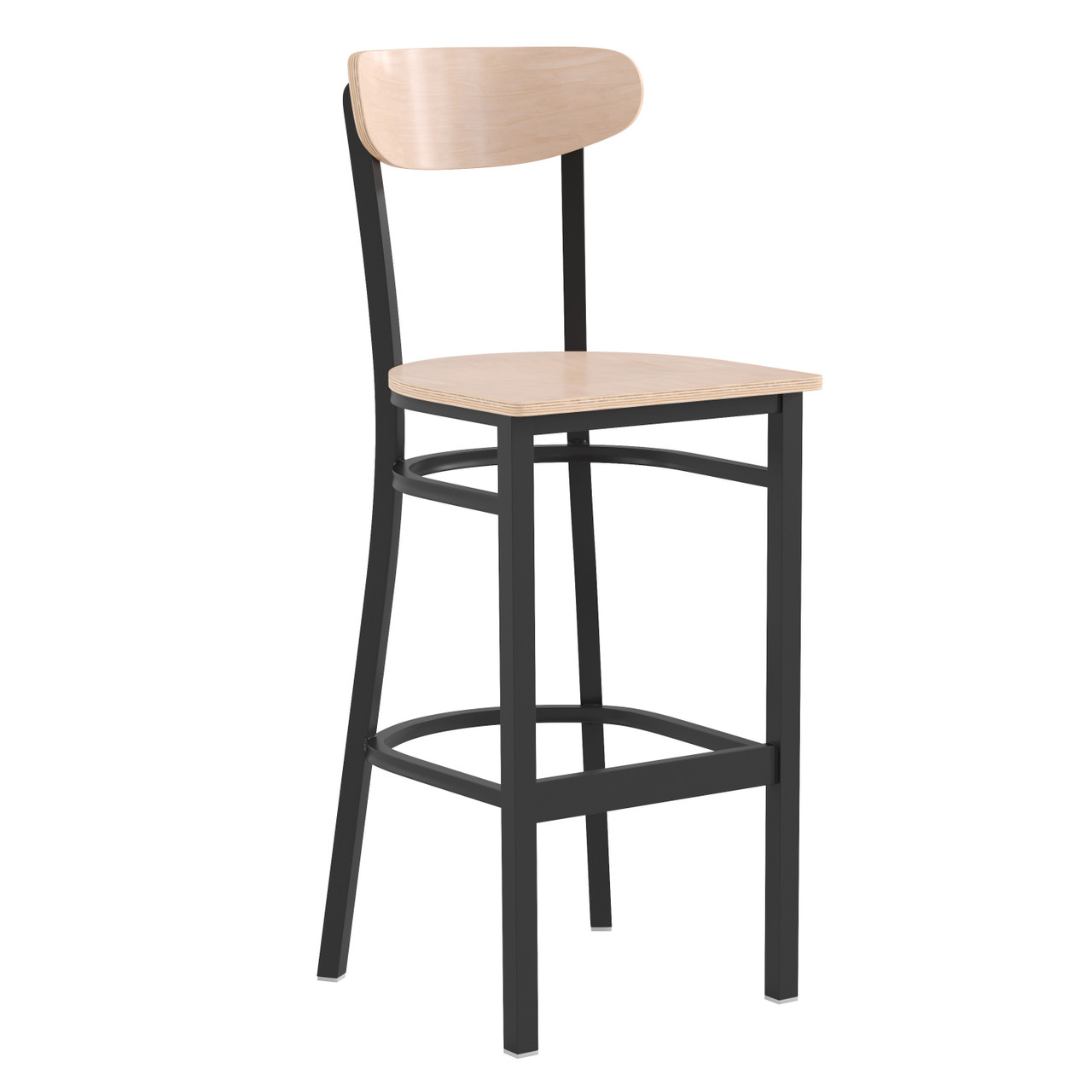 Flash Furniture Wright Commercial Grade Barstool w/ 500 LB. Capacity Black Steel Frame, Solid Wood Seat, & Boomerang Back, Natural Birch Finish,