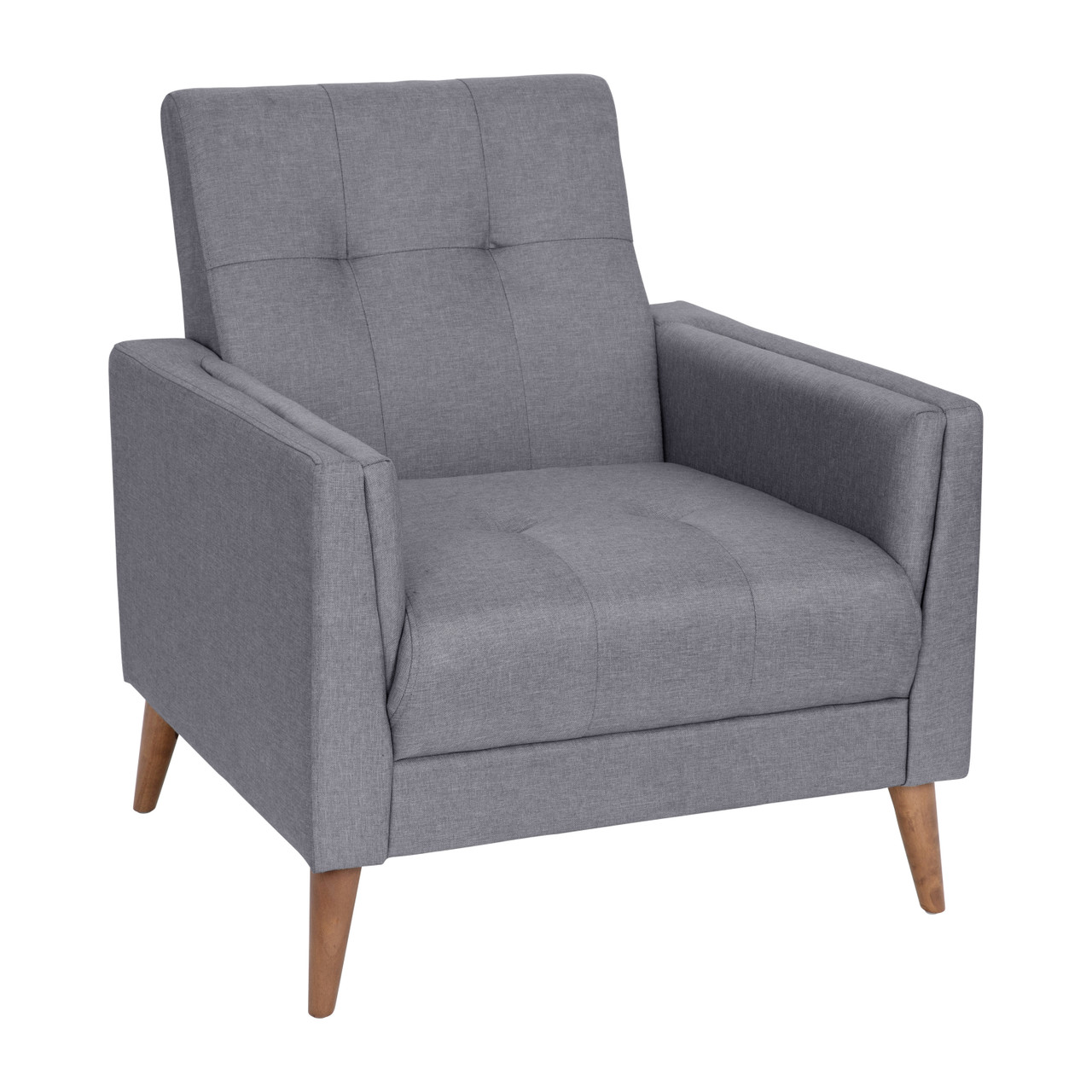 Flash Furniture Conrad Mid-Century Modern Commercial Grade Armchair w/ Tufted Faux Linen Upholstery & Solid Wood Legs in Slate Gray, Model#