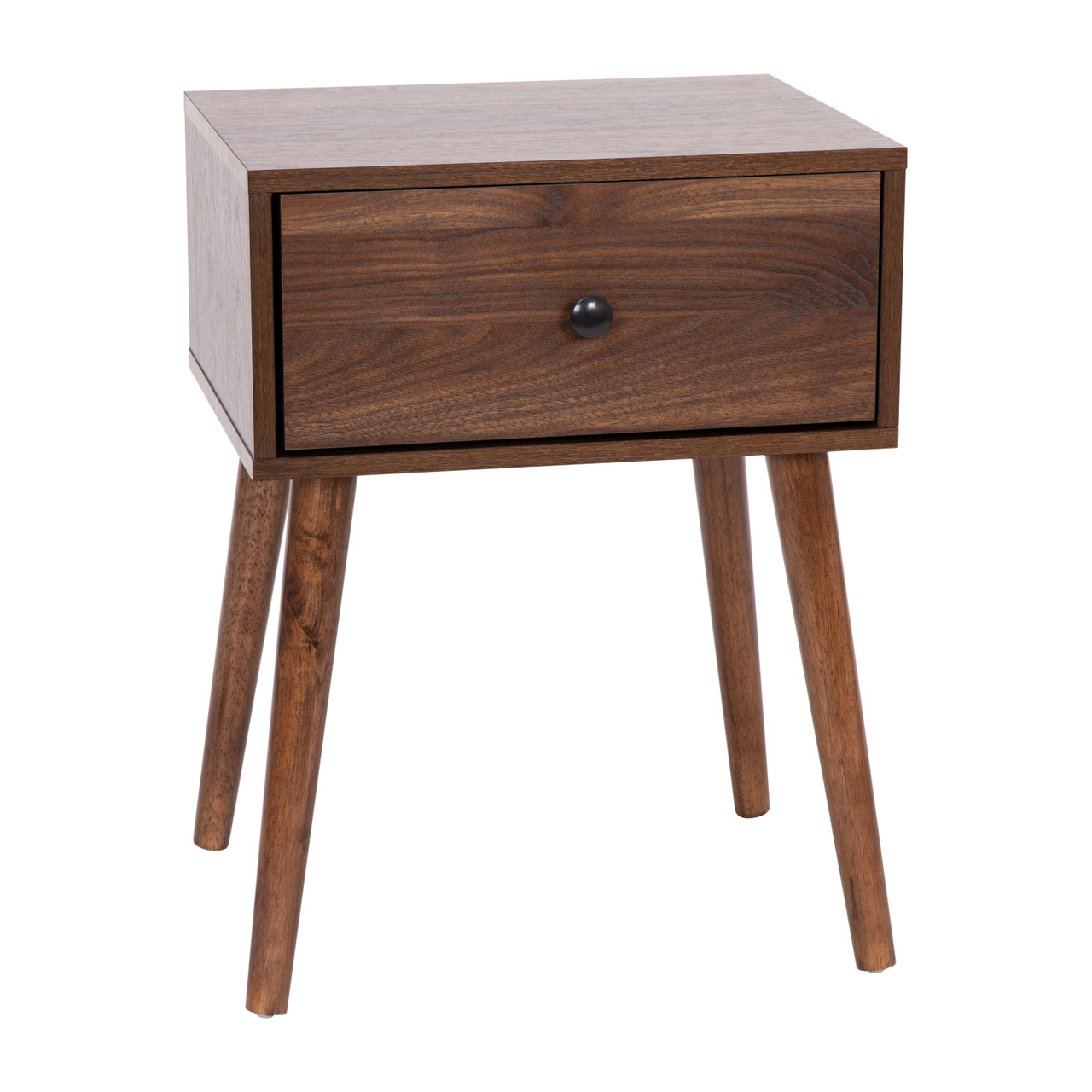 Flash Furniture Hatfield Mid-Century Modern One Drawer Wood Nightstand, Side Accent or End Table w/ Soft Close Storage Drawer, Dark Walnut, Model#