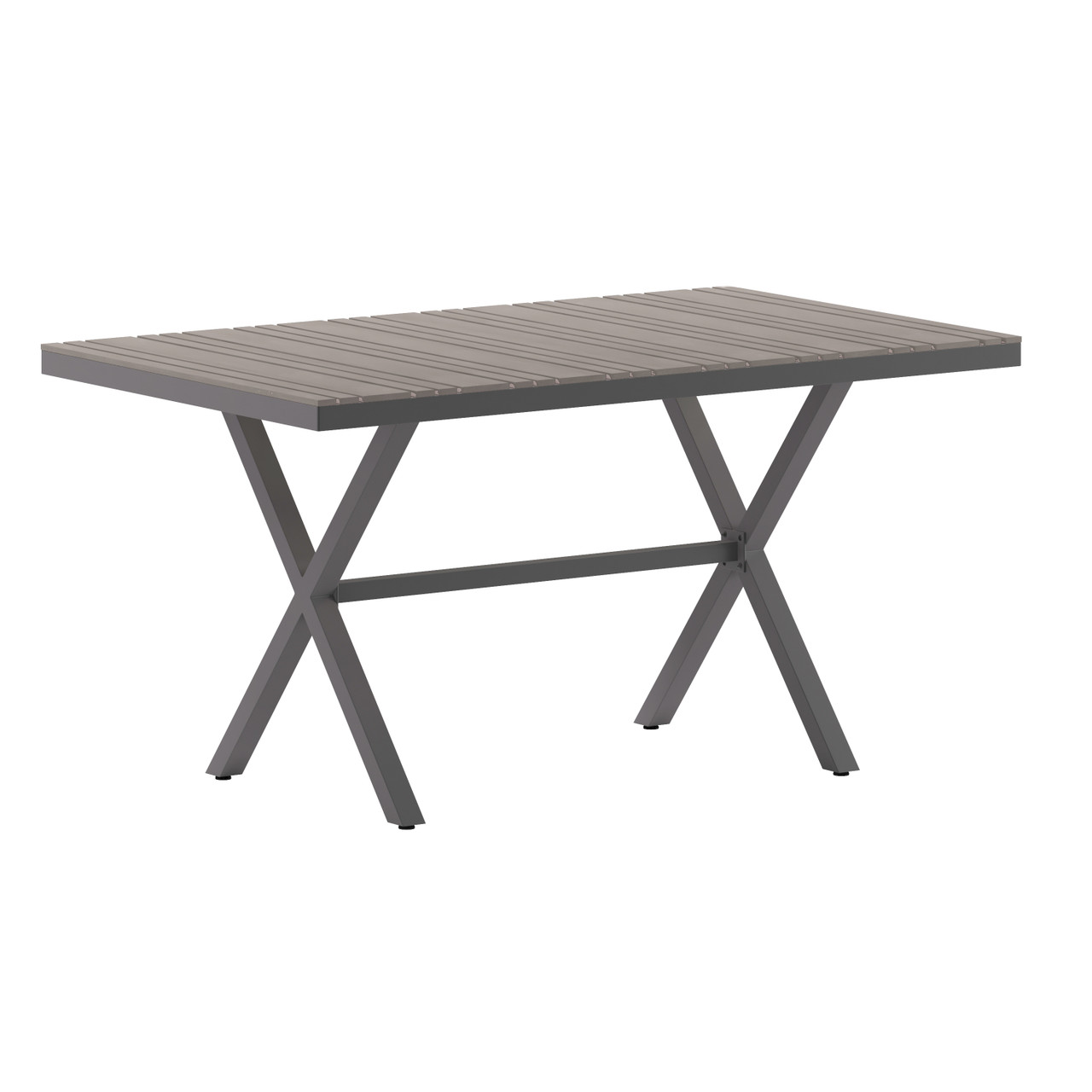 Flash Furniture Finch Commercial Grade X-Frame Outdoor Dining Table 59" x 35.5" w/ Faux Teak Poly Slats & Metal Frame, Gray/Gray, Model#