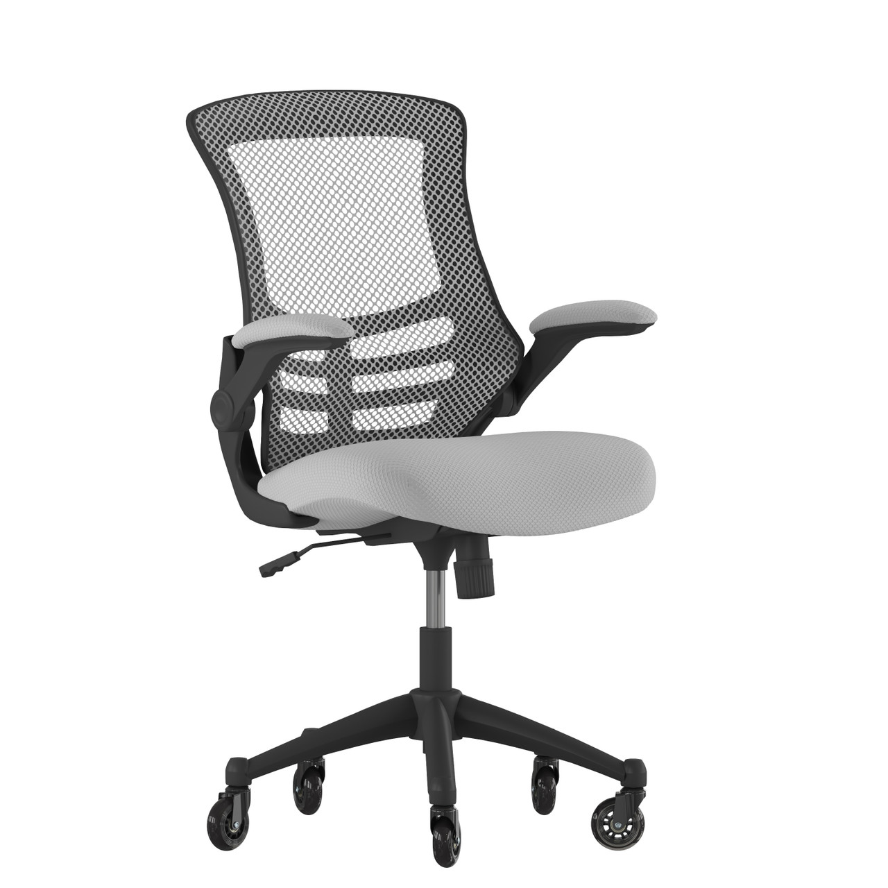 Flash Furniture Kelista Mid-Back Dark Gray Mesh Swivel Ergonomic Task Office Chair w/ Flip-Up Arms & Transparent Roller Wheels, Model#