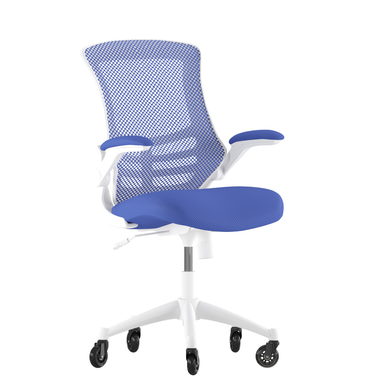 Flash Furniture Kelista Mid-Back Blue Mesh Swivel Ergonomic Task Office Chair w/ White Frame, Flip-Up Arms, & Transparent Roller Wheels, Model#