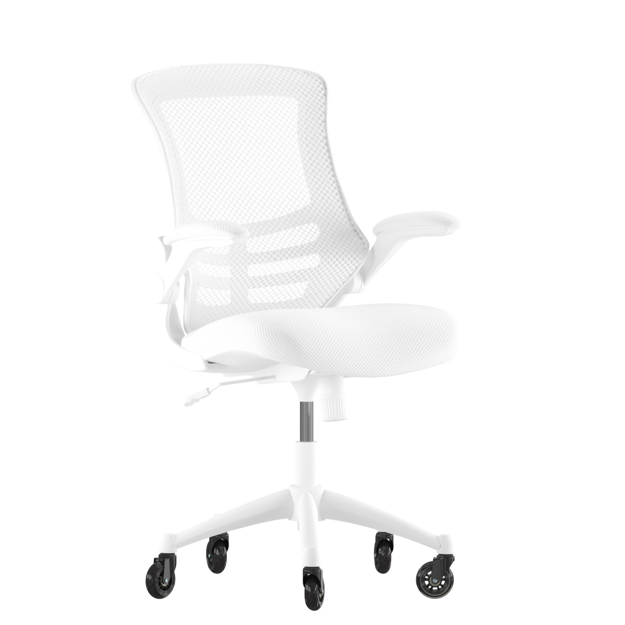 Flash Furniture Kelista Mid-Back White Mesh Swivel Ergonomic Task Office Chair w/ White Frame, Flip-Up Arms, & Transparent Roller Wheels, Model#