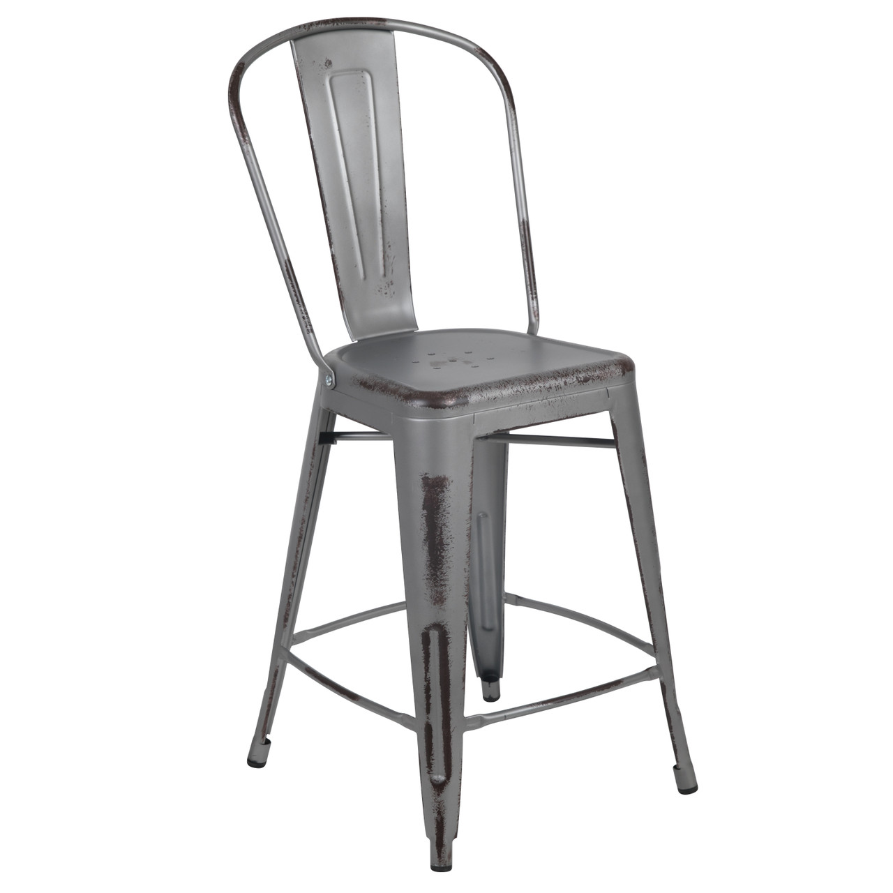 Flash Furniture Carly Commercial Grade 24" High Distressed Silver Gray Metal Indoor-Outdoor Counter Height Stool w/ Back, Model#