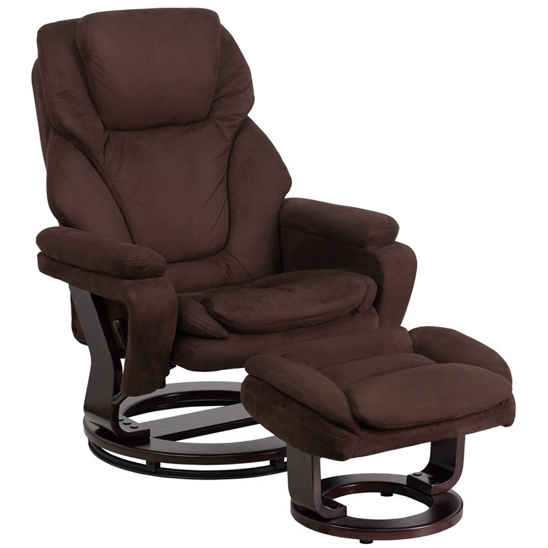 Flash Furniture Contemporary Multi-Position Recliner and Ottoman with Swivel Mahogany Wood Base in Brown Microfiber, Model# BT-70222-MIC-FLAIR-GG