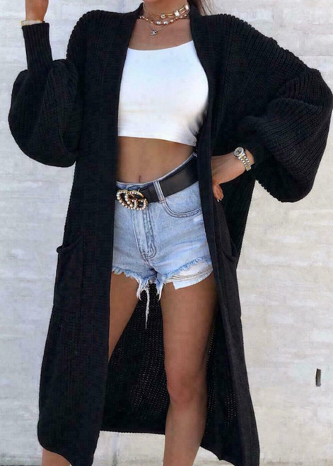 Solid Color Knitwear Pocket Cardigan Mid-length Sweater Coat