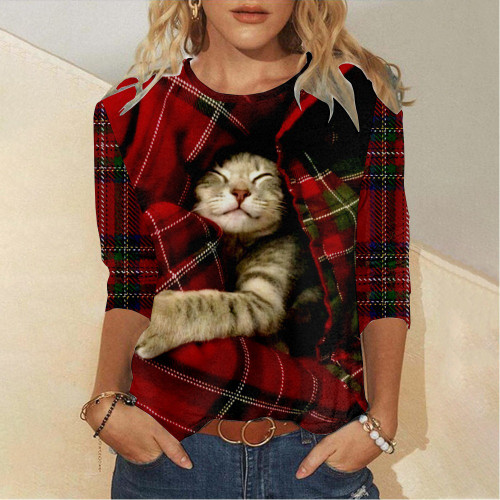 Women's Casual Long Sleeve T-Shirt Cat Peeking Out